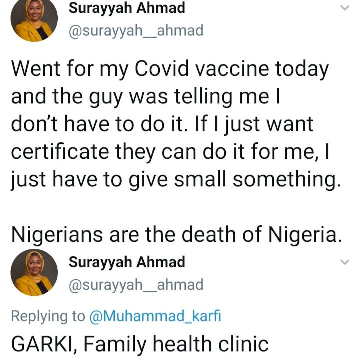 'Nigerians are the death of Nigeria' - Lady shares encounter with medic when she went to get vaccinated