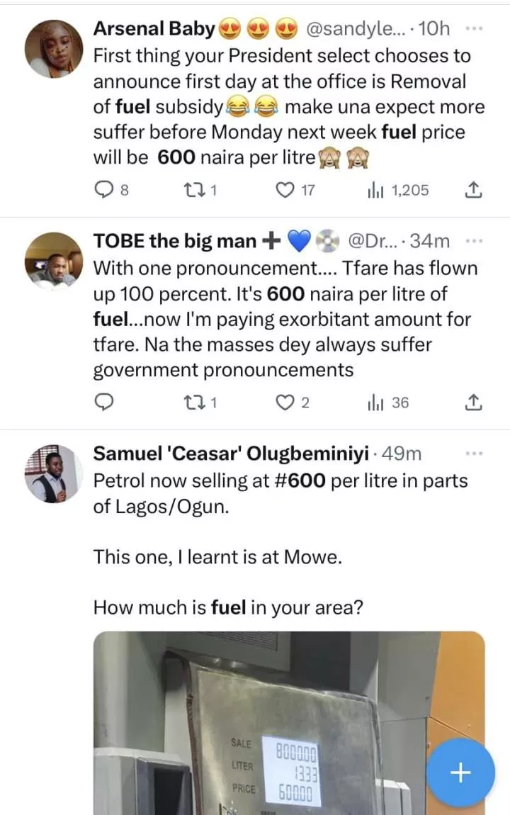 Nigerians lament over buying fuel at N600 shortly after President Bola Tinubu announced that subsidy is gone