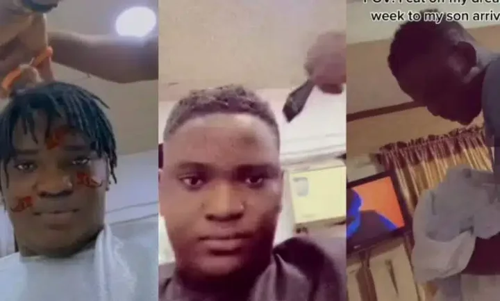 'Father figure activated' - Netizens commend man as he shaves off his dreadlocks for arrival of his son (Video)