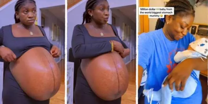 Surprise as viral pregnant woman with very big bump gives birth to single baby (Video)