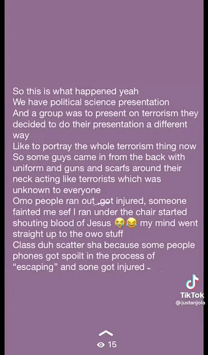 'Some people fainted; I ran under a chair' - Lady recounts how students mistook presentation for bandit attack (Video)