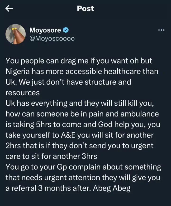 Why Nigeria has better accessible healthcare than the U.K. - Abroad based Nigerian lady