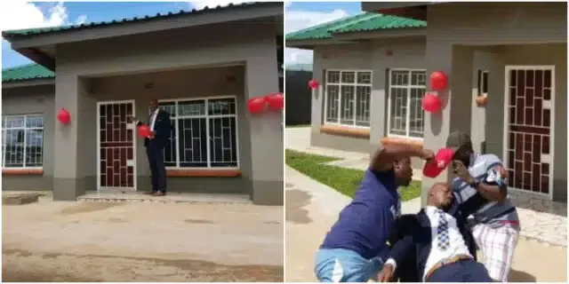 Man faints in shock as wife surprises him with completed house she secretly built