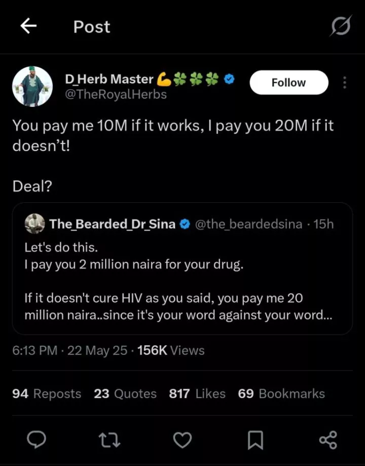 Herbal doctor announces HIV cure, promises ₦20m if it doesn't work