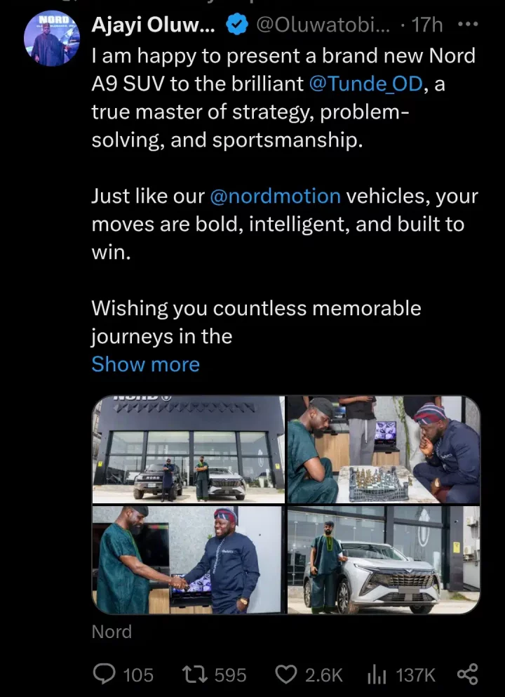 Tunde Onakoya receives brand new Nord A9 SUV after chess match with Nord Motion CEO