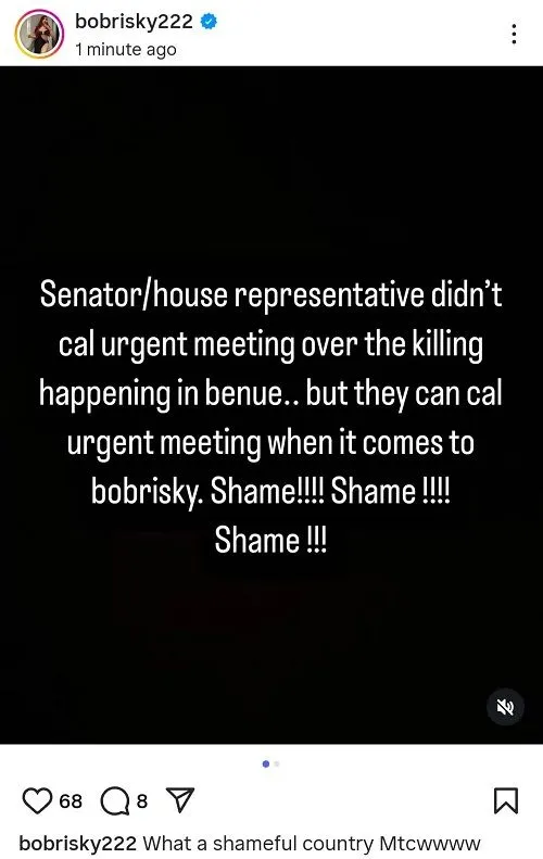 What a Shameful Country - Bobrisky Slams Nigerian Senators Over Silence on Benue K!llings