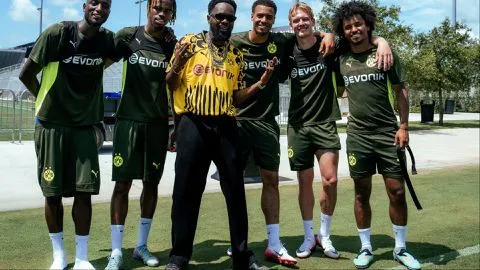 Nigerian Afrobeats star Patoranking teams up with Karim Adeyemi and Borussia Dortmund teammates at 2025 FIFA Club World Cup.