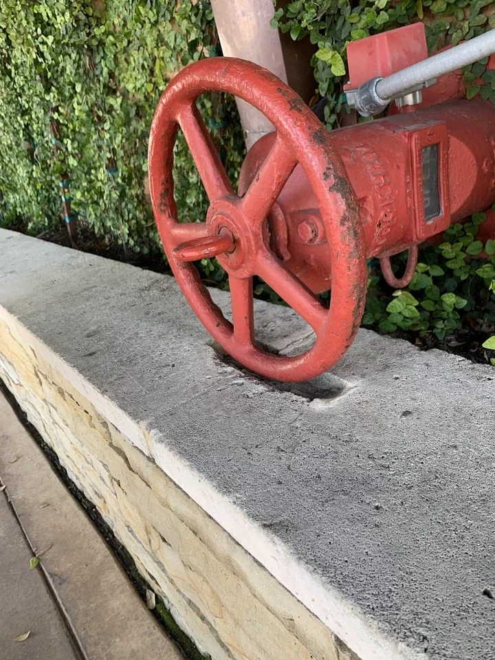Large red valve on concrete slab near a leafy wall, possibly part of an irrigation or plumbing system