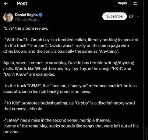'Strategic collabo but lyrics offers nothing' - Daniel Regha analysis Davido's 5ive album