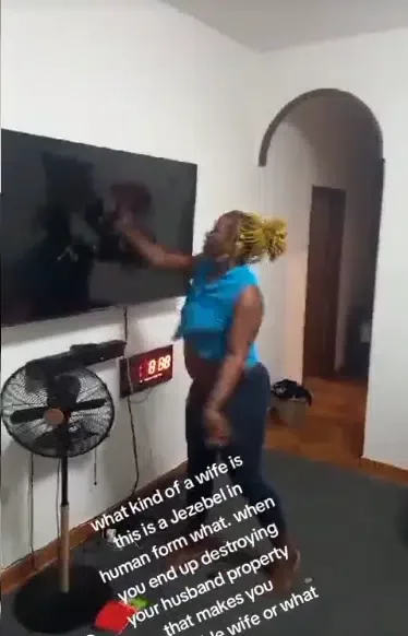 'Some men are going through things' - Moment wife uses remote to smash and ruin husband's plasma TV screen