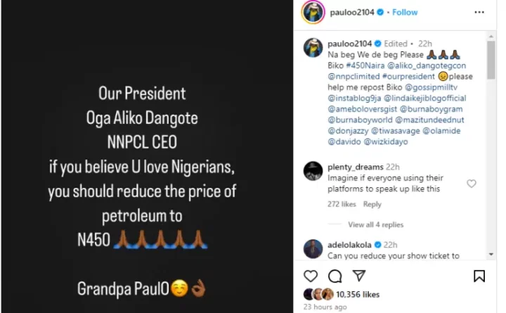 'If you love Nigerians, reduce the price of Fuel to N450' - Paulo Okoye appeals