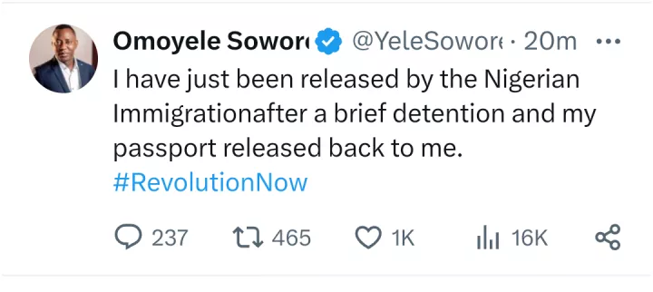 Update: Omoyele Sowore released and passport handed back after brief arrest