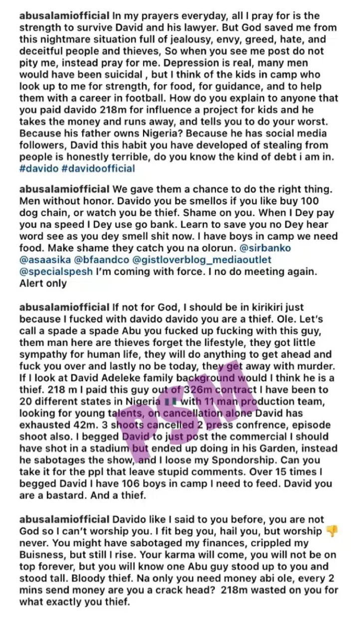 'I paid David N218M to influence a project for kids and he ran away with the money' - Businessman calls out Davido, shares receipts