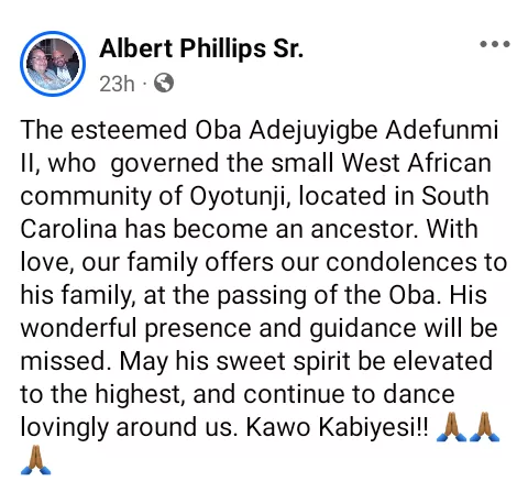 Oba Adejuyigbe Adefunmi II of Oyotunji African village in US allegedly st@bbed to d*ath by his sister