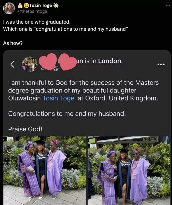 Mother hails herself and husband as daughter graduates, she reacts