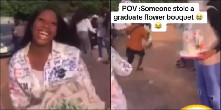 Commotion as beggar snatches graduate's money bouquet, runs away with it