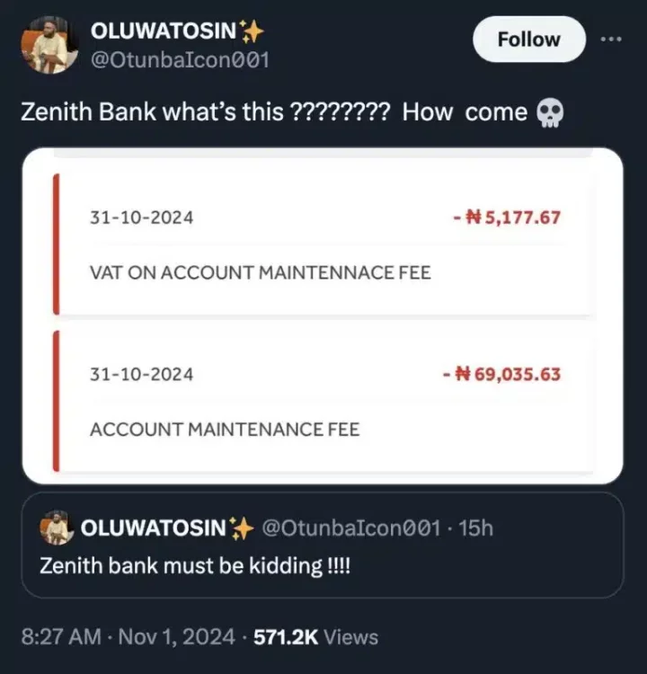 Man raises alarm as bank debits him N74K as 'maintenance charges'