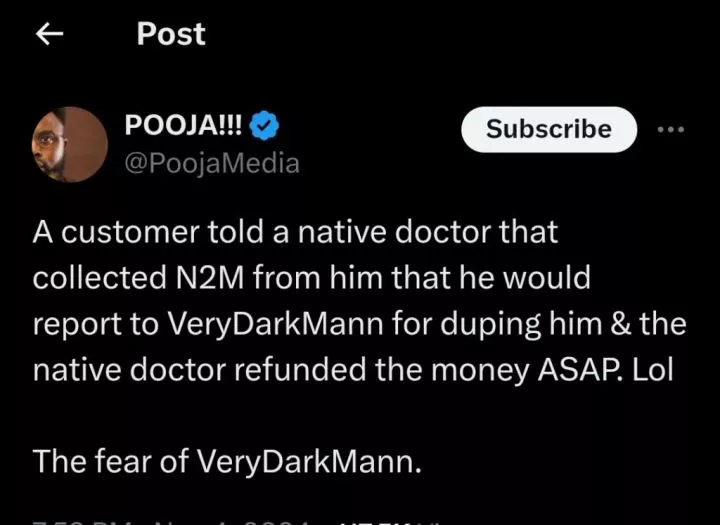 Native doctor allegedly returns ₦2 million as customer vows to report him to VeryDarkMan for fraud