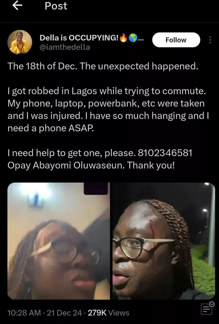 Lady robbed of phone, laptop, power bank, and more while commuting in Lagos