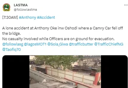 Moment car falls off bridge in Lagos