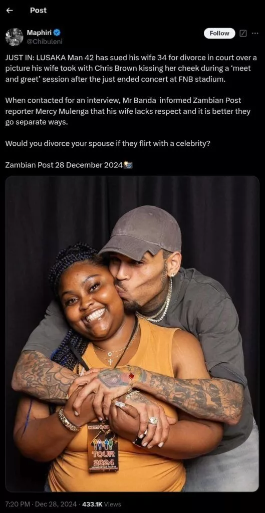 Man divorces wife, sues her after Chris Brown kisses her cheek during meet and greet