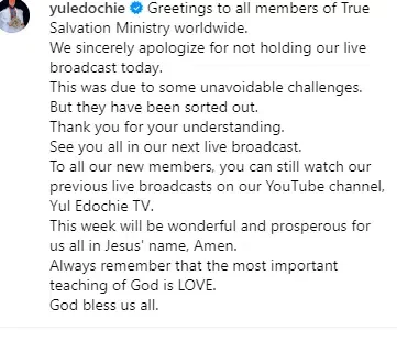 Yul Edochie apologizes to church members for failing to hold service on Sunday