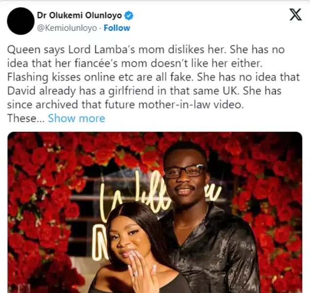 Queen's fiancé has another girlfriend in UK, his mother is aware - Kemi Olunloyo claims