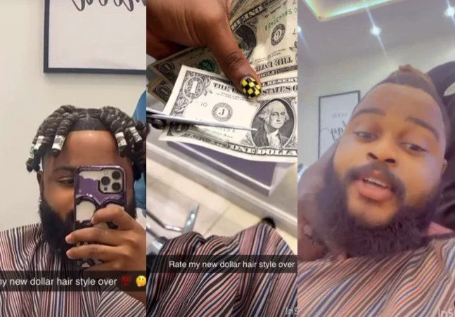 ?Money na water,? BBNaija star, WhiteMoney, says as his hairdresser decorates his hair with dollar bills (video(