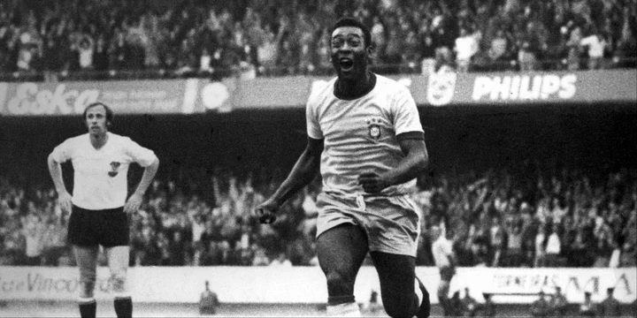 Pele celebrates scoring for Brazil