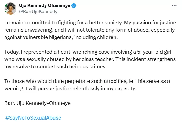 Ex-women affairs minister,  Uju Kennedy-Ohaneye appears in court to represent 5-year-old girl who was allegedly s3xually abused by her class teacher