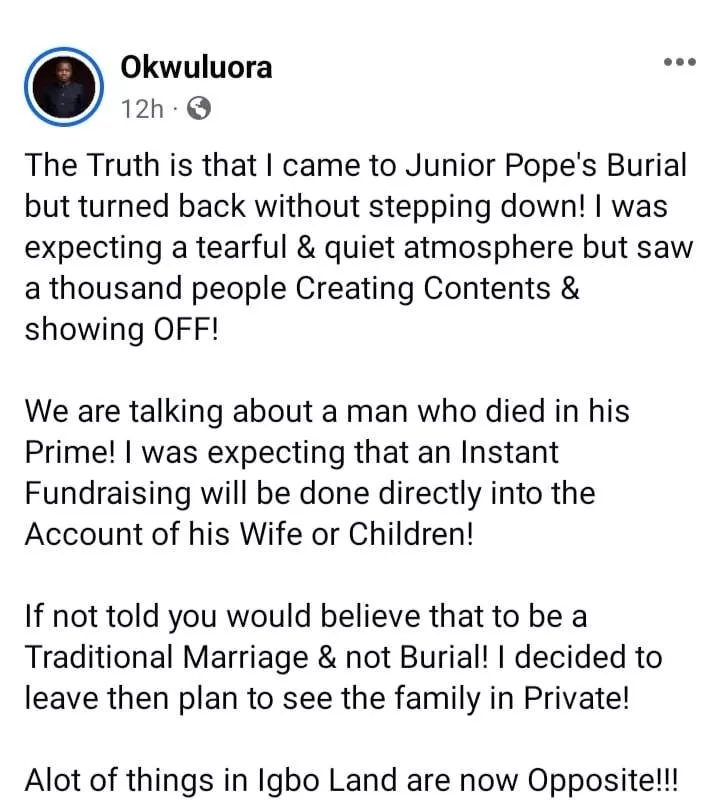 Junior Pope: Man shares why he suddenly left actor's burial venue shortly after arriving