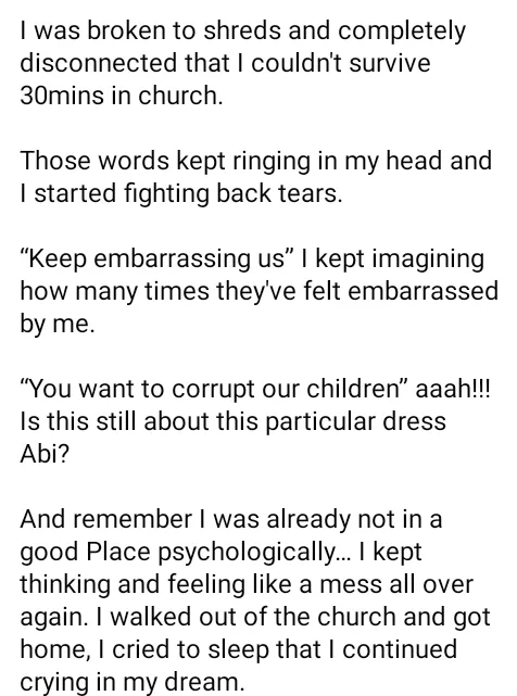 I have never felt so much rejection in my life.  - Nigerian lady narrates how she was slut-shamed in church for wearing an 