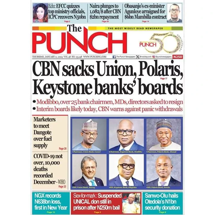 Nigerian Newspapers Daily Front Pages Review - Thursday 11th January, 2024