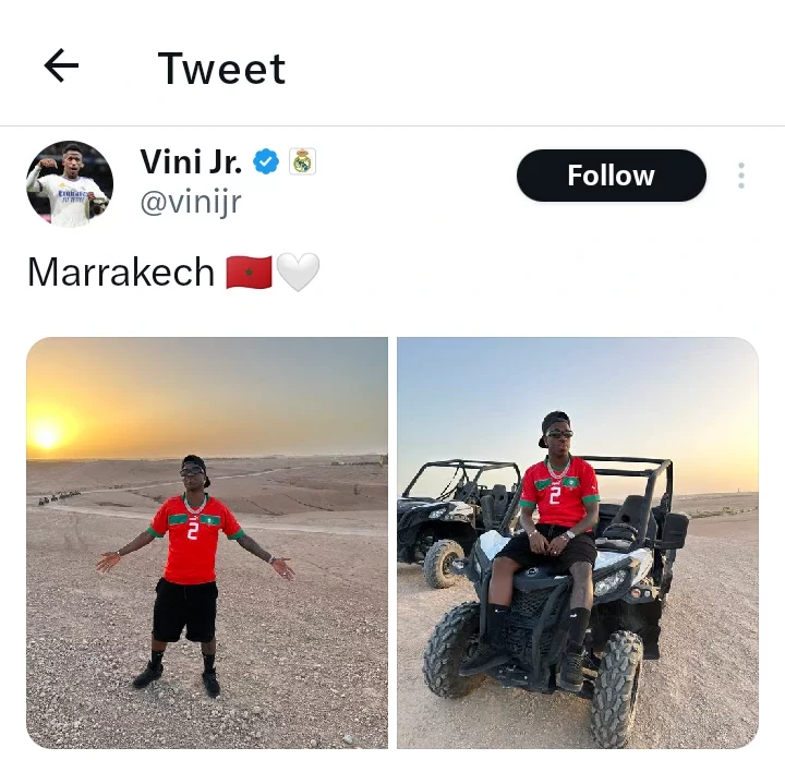 Fans react after seeing Vinicius Junior wearing a Moroccan national team shirt in Morocco.