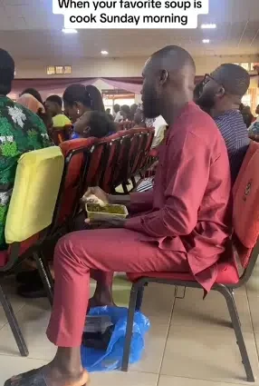 Drama as man brings out plate of fufu and soup to eat during Sunday service in church