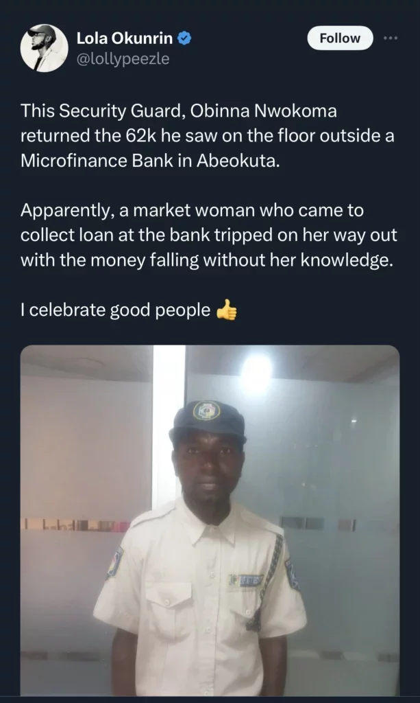 Netizens hail security guard for his integrity after he returns 62k he picked on the floor outside a microfinance company