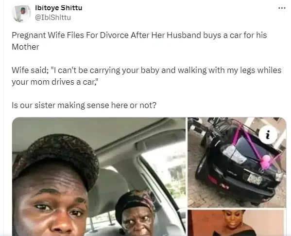 Pregnant wife reportedly files for divorce as hubby buys car for mother
