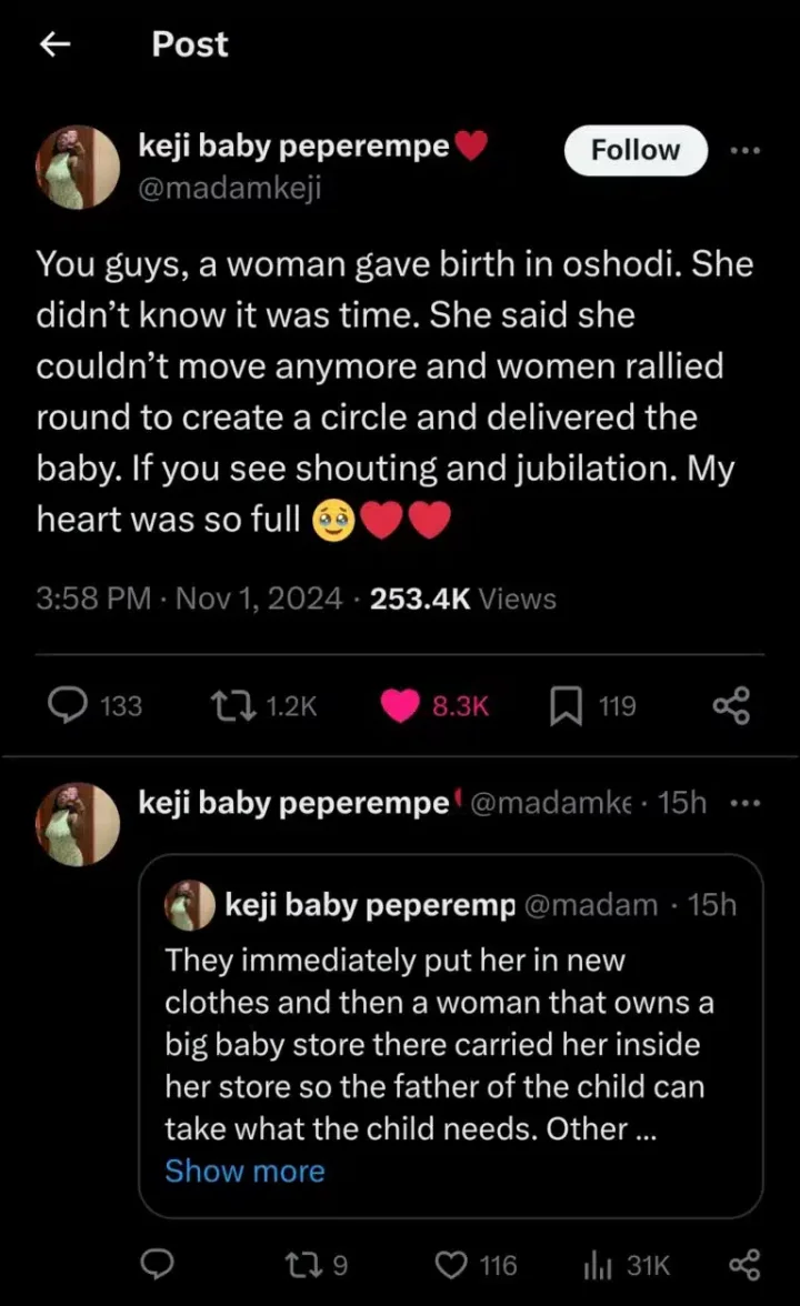 Lady reveals how a pregnant woman unaware it was time gave birth in Oshodi