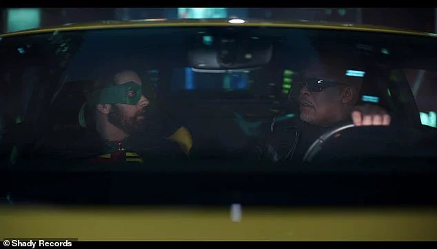 It sees Eminem and Dr. Dre back as Batman and Robin as they ride around Gotham in a yellow Lamborghini