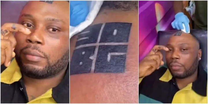 'Someone's 9 months in the potopoto' - Reactions as man tattoos Davido's 30BG slogan on forehead