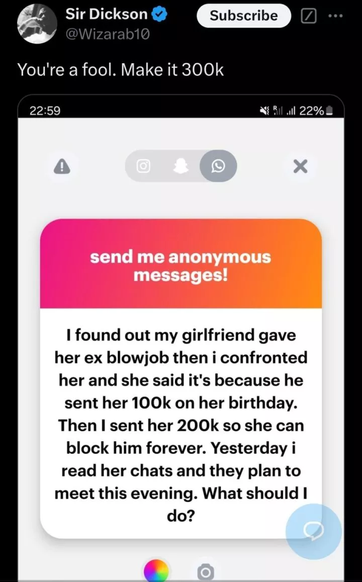 Man gives girlfriend ₦200k after discovering she got intimate with her ex for ₦100k