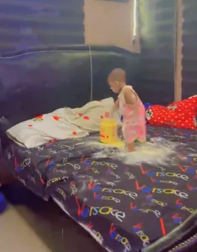 Mother horrified as son scatters custard over her bed, eats from container