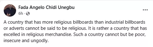 A country that has more religious billboards than industrial billboards will be poor, insecure and ungodly - Nigerian Catholic priest says