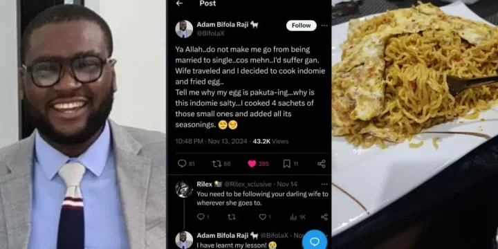 Man regrets cooking noodles by himself in wife's absence, begs God not to make him unmarried