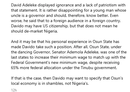 Reno Omokri slams Davido over recent statement that country's economy is in shambles