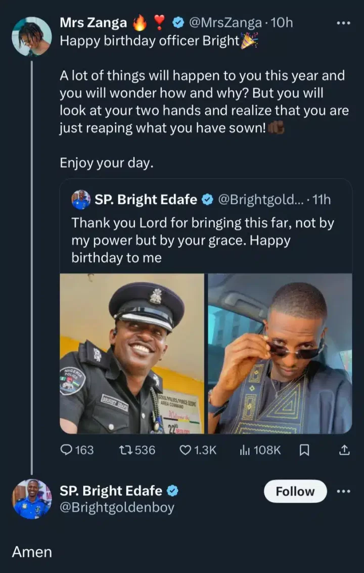 Police officer, SP. Bright Edafe responds as lady prays for him on his birthday