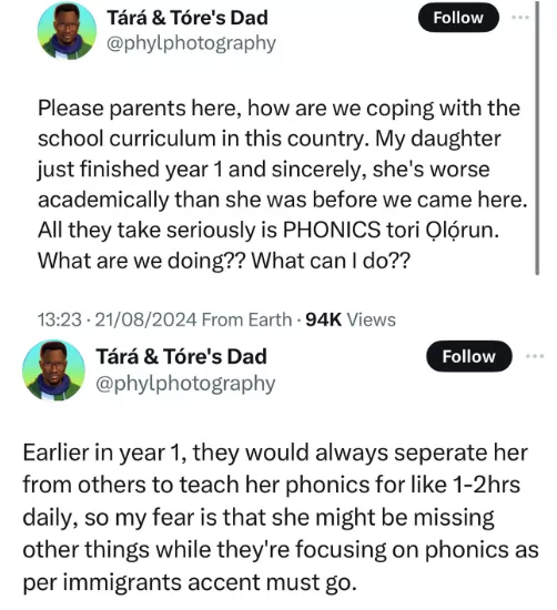 All they take seriously is phonics - Nigerian dad cries out following his daughter?s drop in her academics since they moved to the UK