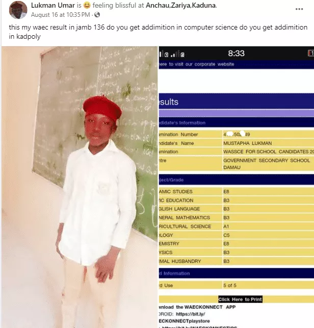 WAEC result of boy who scored 136 in JAMB causes serious buzz online