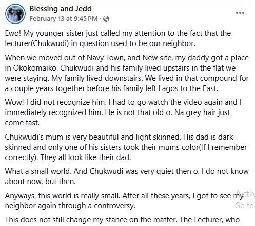 Lady who lived in same compound with UNIZIK lecturer shares his past