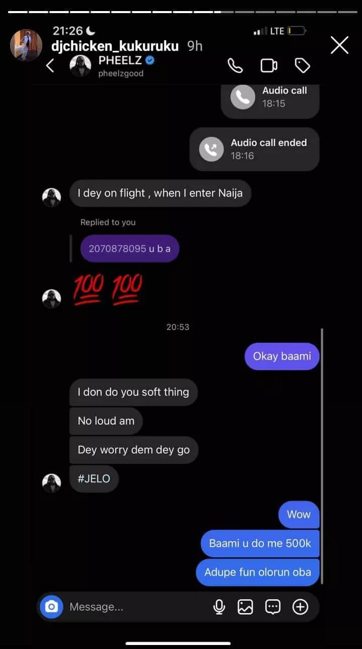 'No loud am, baba still go loud am' - DJ Chicken disregards Pheelz warning, leaks private chat where he gifted him money